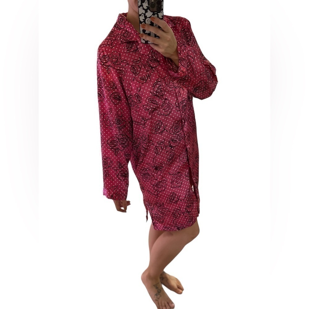 Vintage Satin Bed of Roses Floral Polka Dot Long Sleeve Pajama Dress Size Large